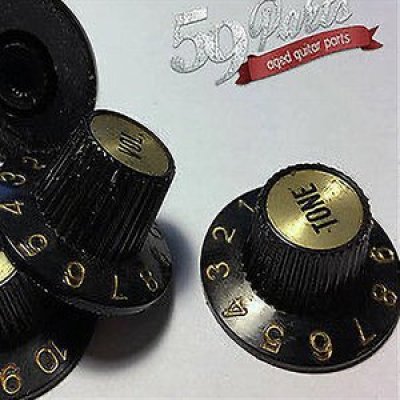 画像1: 59 PARTS/SET OF 4 AGED RELIC GIBSON 335 WITCH HAT KNOBS BLACK/GOLD US SIZE /ノブ/ビンテージパーツ/全国一律送料無料