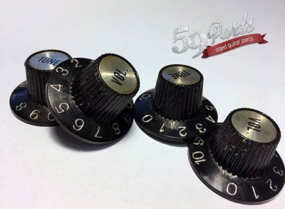 59 PARTS/SET OF 4 AGED RELIC GIBSON 335 WITCH HAT KNOBS BLACK/GOLD US SIZE  /ノブ/ビンテージパーツ/全国一律送料無料