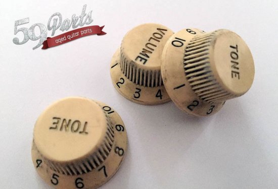 59PARTS /SET OF 3 HAND AGED FENDER NYLON KNOBS  IVORY/CREAM/ノブ/ビンテージパーツ/全国一律送料無料